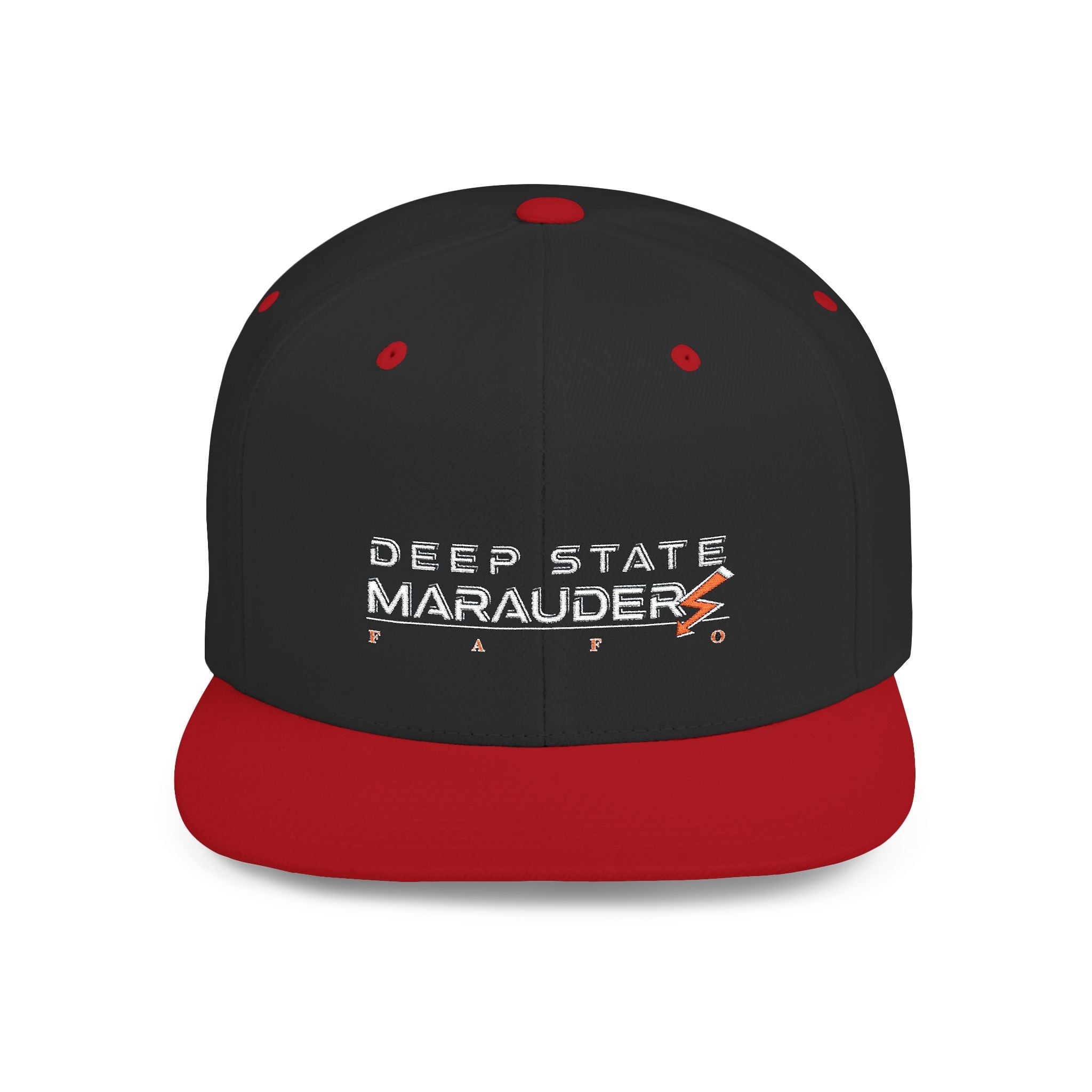 Camo Flat Bill Snapback Hat — "Deep State Marauders" Distressed Logo