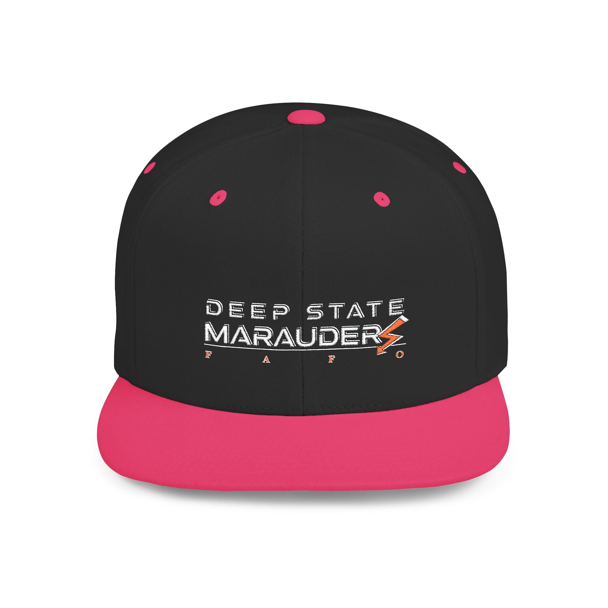 Camo Flat Bill Snapback Hat — "Deep State Marauders" Distressed Logo