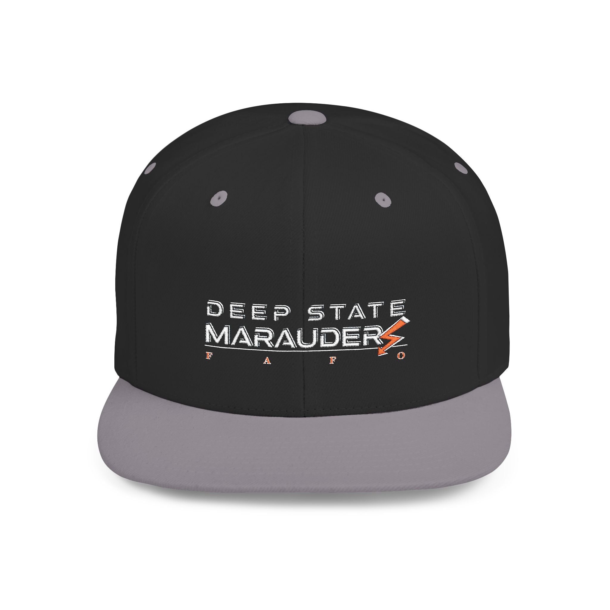 Camo Flat Bill Snapback Hat — "Deep State Marauders" Distressed Logo