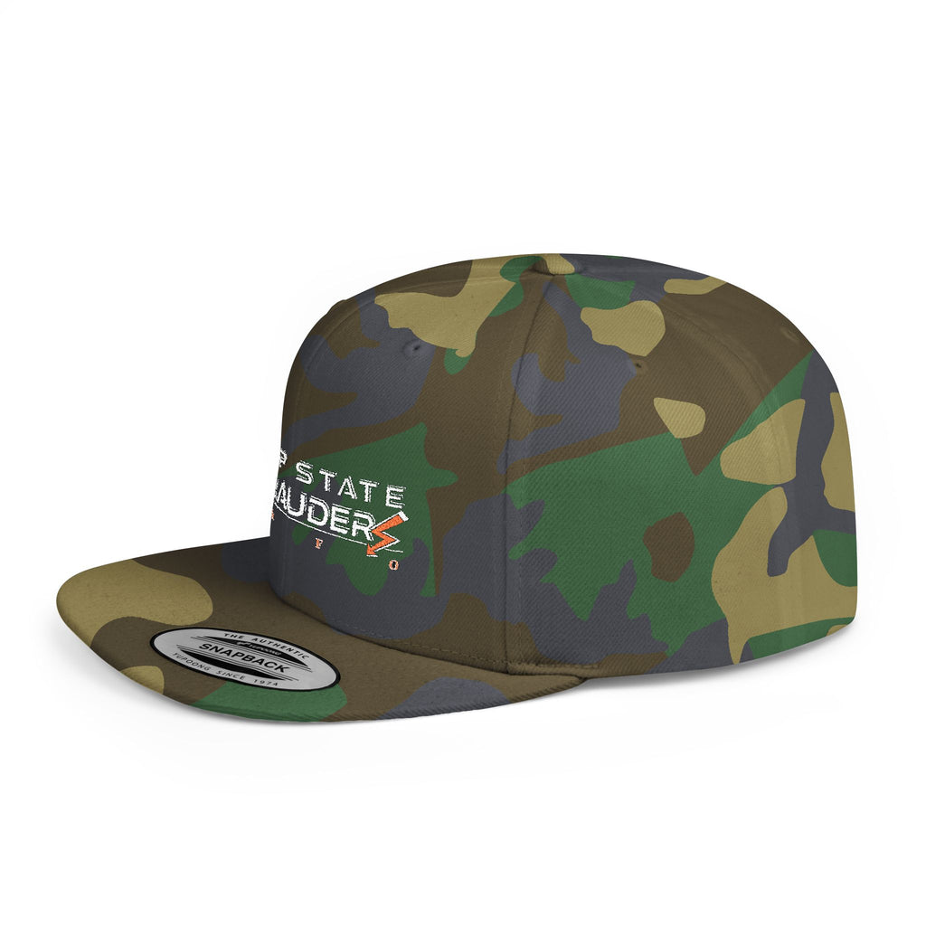 Camo Flat Bill Snapback Hat — "Deep State Marauders" Distressed Logo