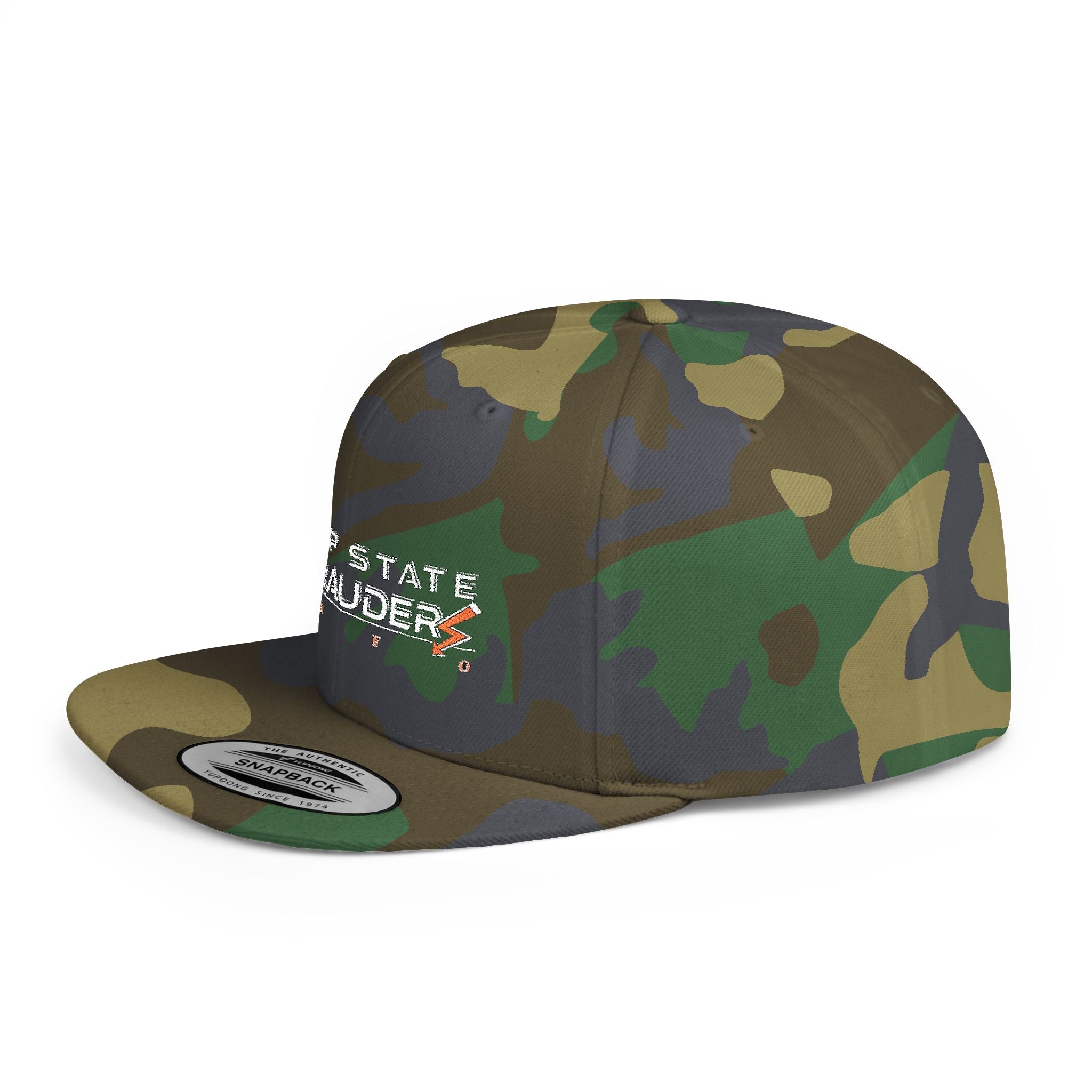 Camo Flat Bill Snapback Hat — "Deep State Marauders" Distressed Logo