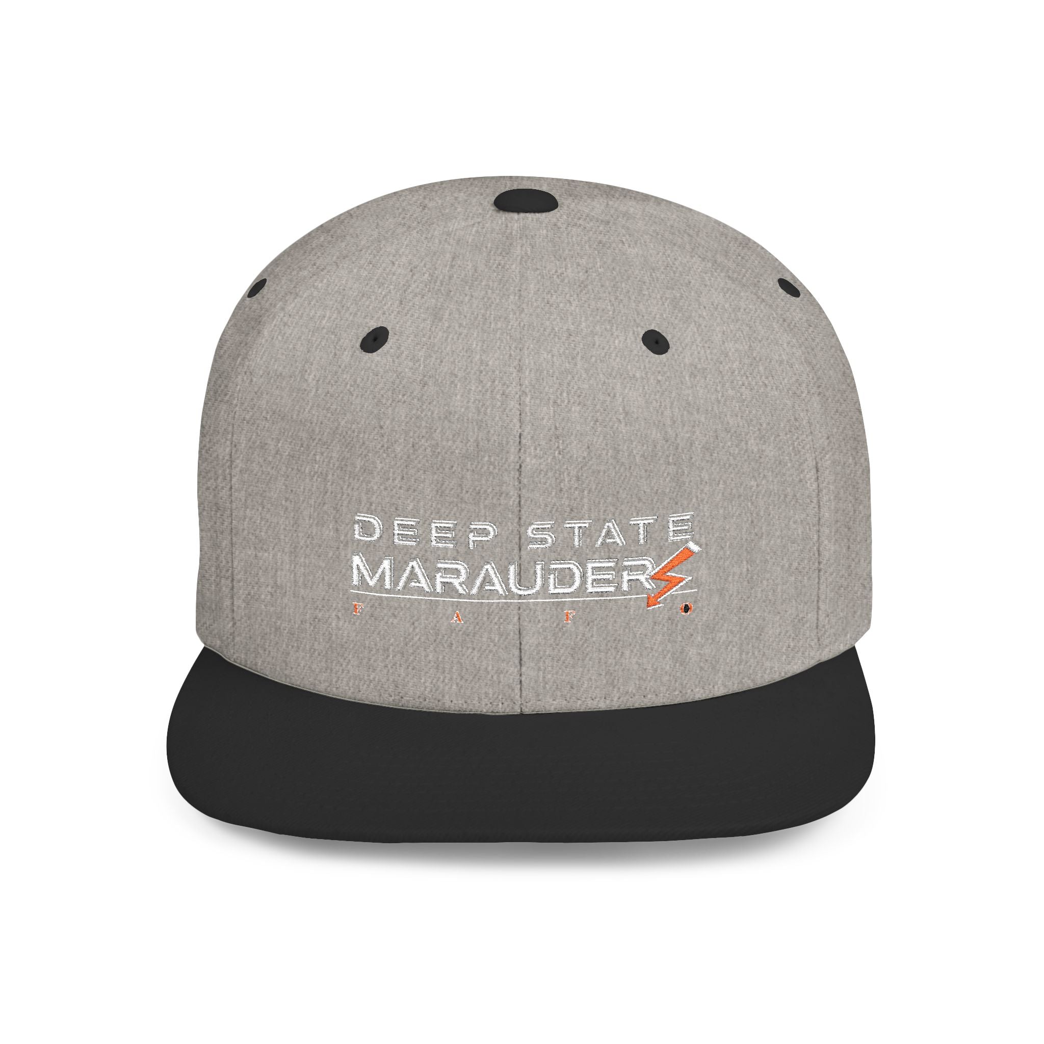Camo Flat Bill Snapback Hat — "Deep State Marauders" Distressed Logo