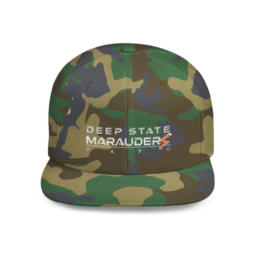 Camo Flat Bill Snapback Hat — "Deep State Marauders" Distressed Logo