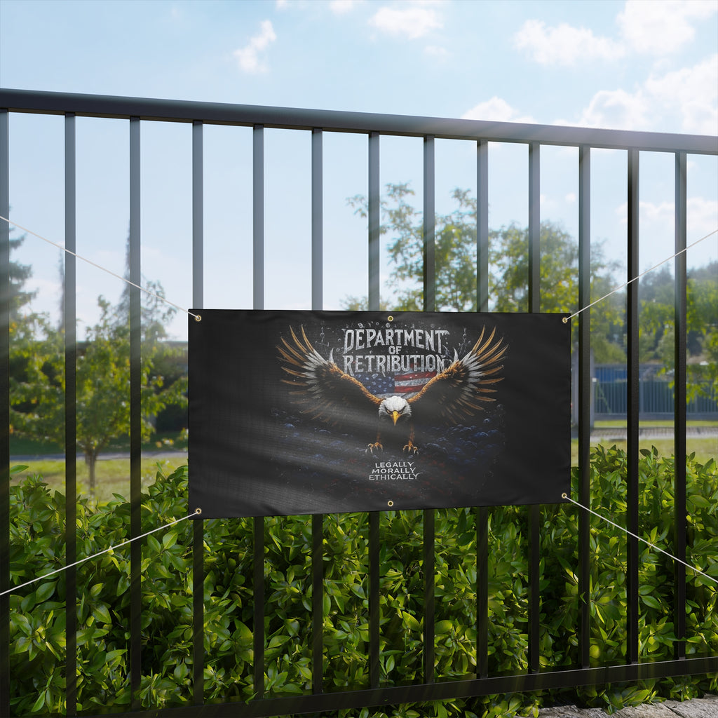 Department of Retribution Eagle Banner — Matte Outdoor Flag (Legally Morally Ethically)
