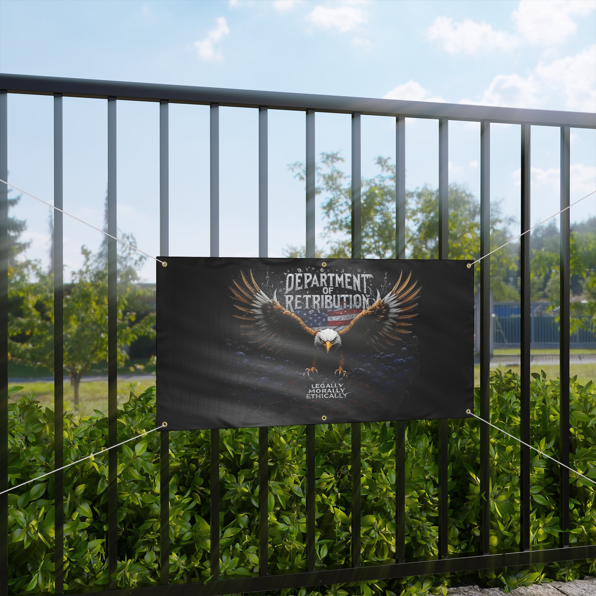 Department of Retribution Eagle Banner — Matte Outdoor Flag (Legally Morally Ethically)