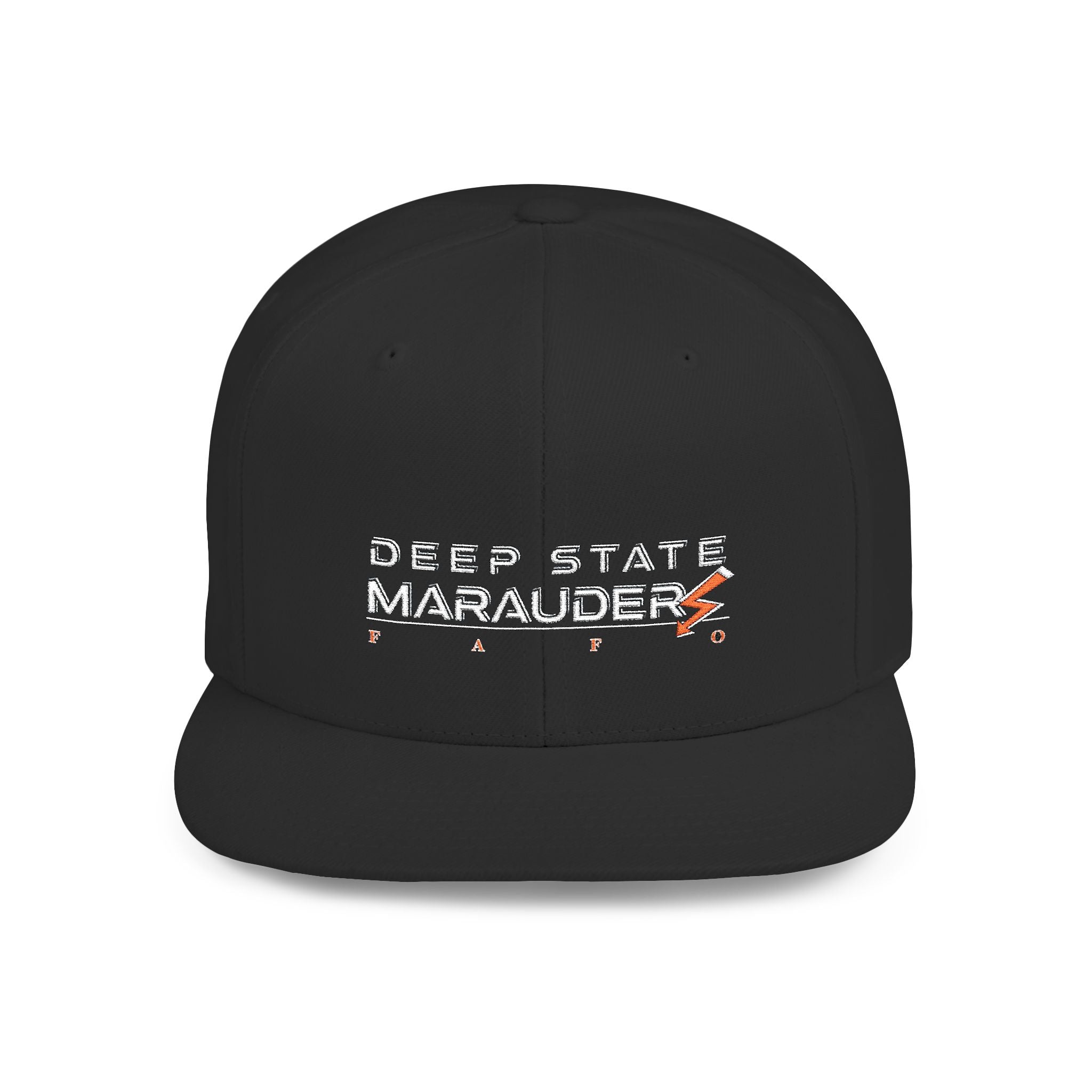 Camo Flat Bill Snapback Hat — "Deep State Marauders" Distressed Logo